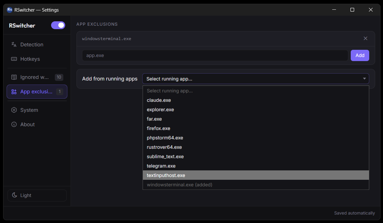 App exclusions — Disable auto-switching in terminals, IDEs or any other app — picked right from the list of running processes.
