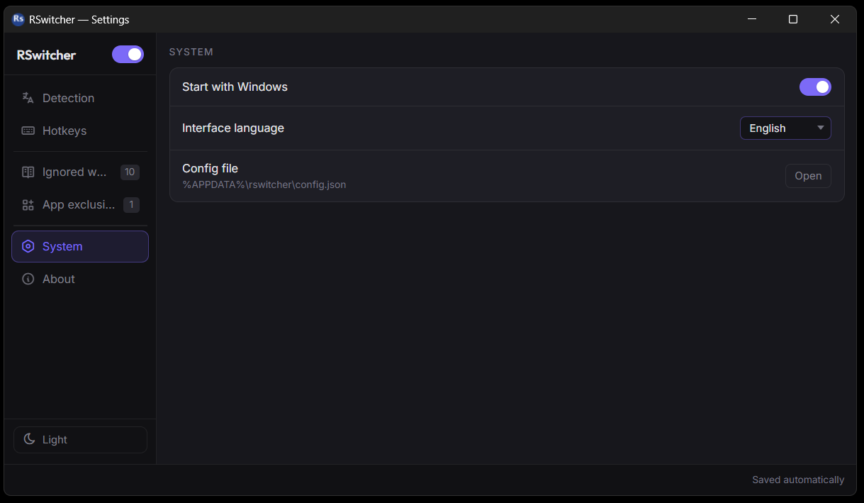 System — Autostart with Windows, interface language and a portable JSON config.